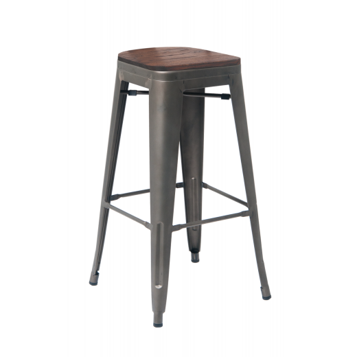 Gunmetal Finish Backless Metal Bar Stool w/ Wood Seat