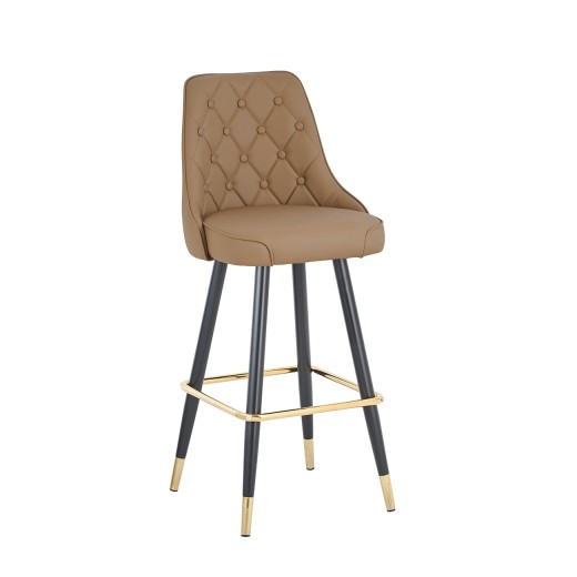 Indoor Metal Barstool with Button Tufted Caramel Brown Vinyl Seat