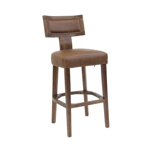 Rubberwood Barstool with Cushioned Seat and Back in Rich Brown Vinyl, Mid-Century Modern Design, Indoor Use