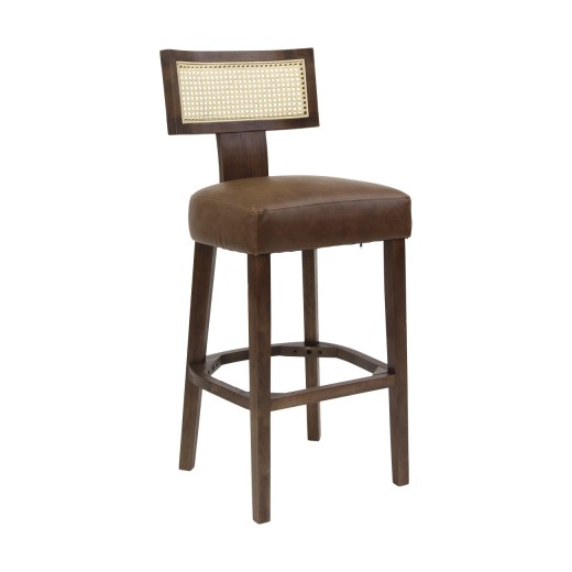 Indoor Rubberwood Barstool with Cane Back and Leather Cushion 