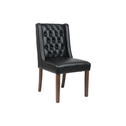 Oak Wood Chair with Black Padded Vinyl Seat and Tufted Back, Designed for Indoor Use