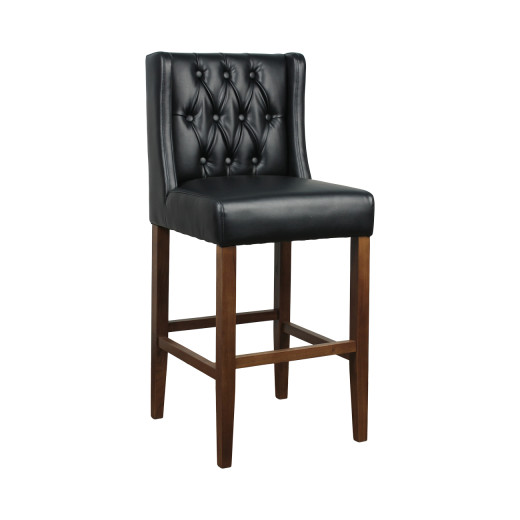 Oak Wood Barstool with Black Padded Vinyl Seat and Tufted Back, Designed for Indoor Use