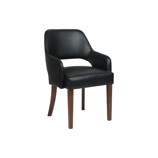 Walnut Oak Wood Chair with Curved Armrests and Black Upholstered Seat for Indoor Use
