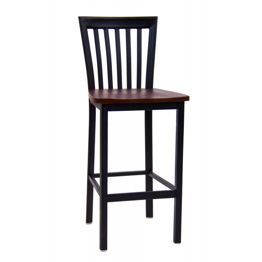 Black Metal Barstool w/ Elongated Vertical Back & Wood Seat