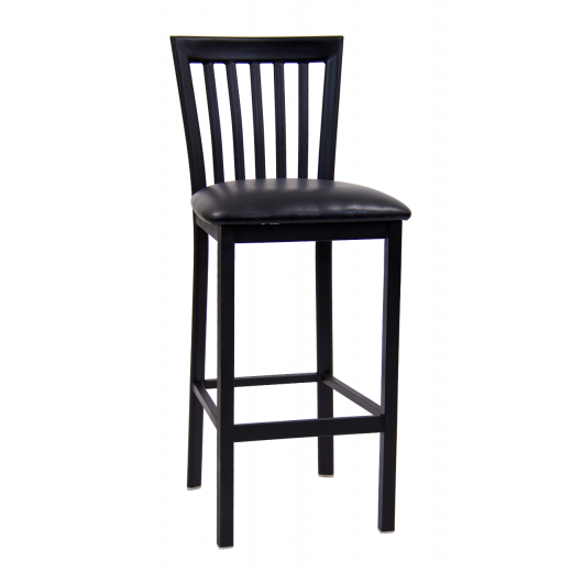 Black Metal Barstool w/ Elongated Vertical Back & Vinyl Seat