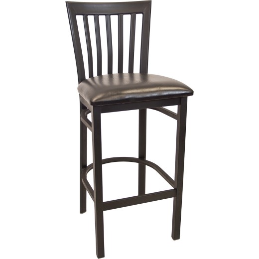 Black Metal Barstool w/ Elongated Vertical Back & Vinyl Seat
