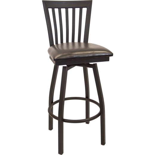 Black Metal Swivel Barstool w/ Elongated Vertical Back & Vinyl Seat