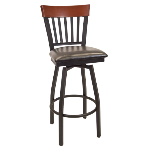 Vertical Slat Dark Mahogany Back & Vinyl Seat Metal Swivel Barstool 