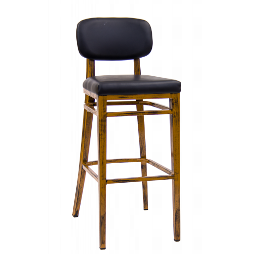 Metal Indoor Barstool in Wood Grain Finish, Black Vinyl Seat & Back