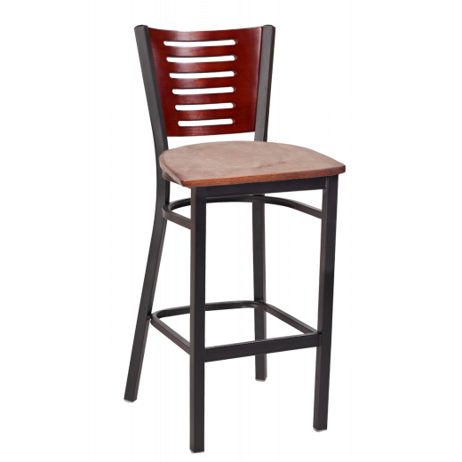 Darby Series Slat Back Veneer Seat Metal Barstool w/ Back & Seat in Dark Mahogany