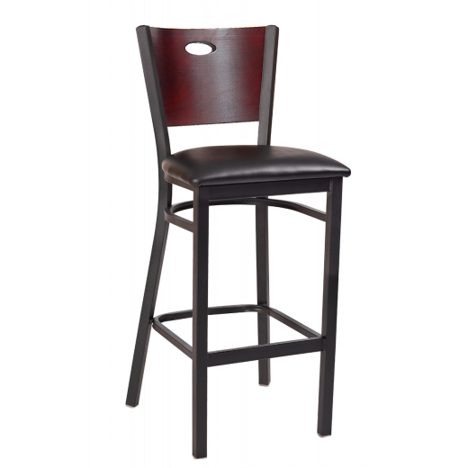 Oval Cutout Back Vinyl Seat Metal Barstool w/ Dark Mahogany Back