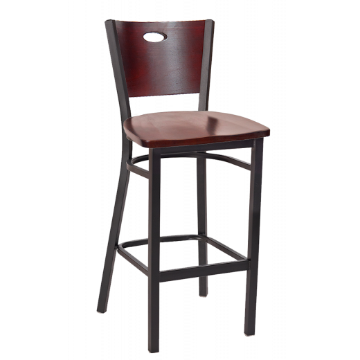Oval Cutout Back Wooden Seat Metal Barstool w/ Dark Mahogany Seat & Back
