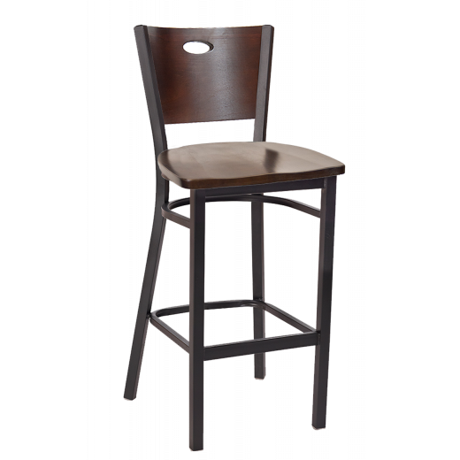 Oval Cutout Back Wooden Seat Metal Barstool w/ Walnut Color Seat & Back