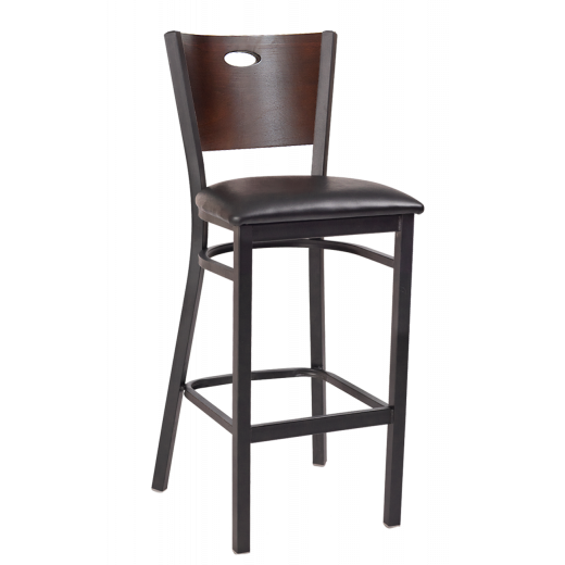 Oval Cutout Back Vinyl Seat Metal Barstool w/ Walnut Color Back