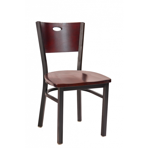 Oval Cutout Back Wooden Seat Metal Chair w/ Dark Mahogany Seat & Back