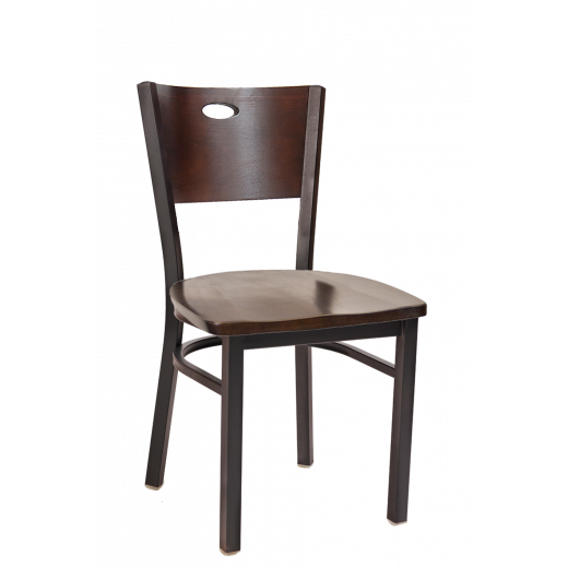 Oval Cutout Back Wooden Seat Metal Chair w/ Walnut Color Seat & Back