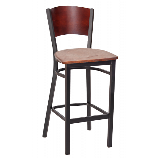 Fan Shape Back & Veneer Seat Metal Barstool w/ Dark Mahogany Seat & Back