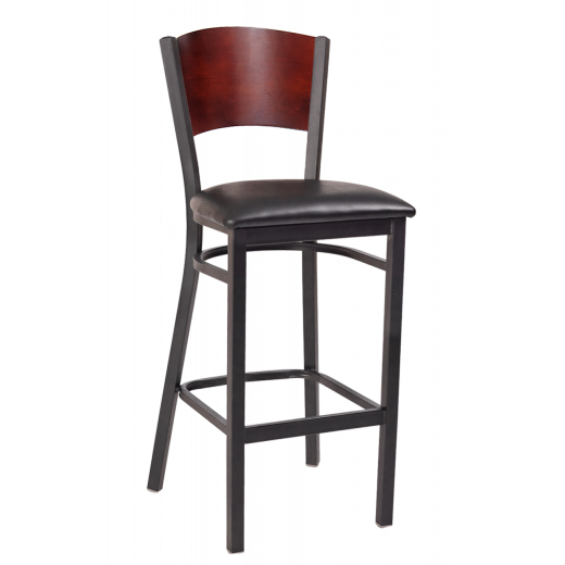 Fan Shape Back & Vinyl Seat Metal Barstool w/ Dark Mahogany Back
