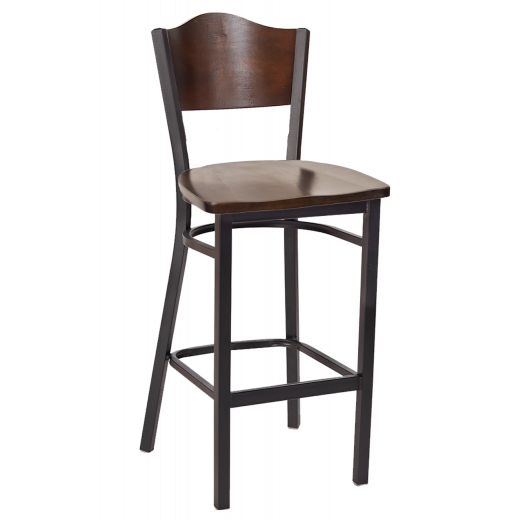 Wave Shape Back & Wooden Seat Metal Barstool w/ Walnut Color Seat & Back 
