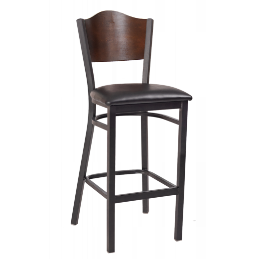 Wave Shape Back & Vinyl Seat Metal Barstool w/ Walnut Color Back 