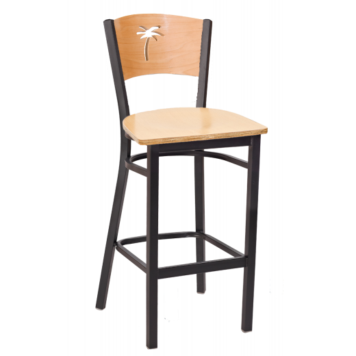 Palm Tree Cutout Veneer  Seat Metal Barstool w/ Natural Seat & Back