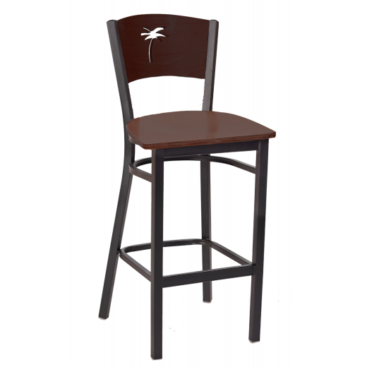Palm Tree Cutout Veneer Seat Metal Barstool w/ Walnut Seat & Back