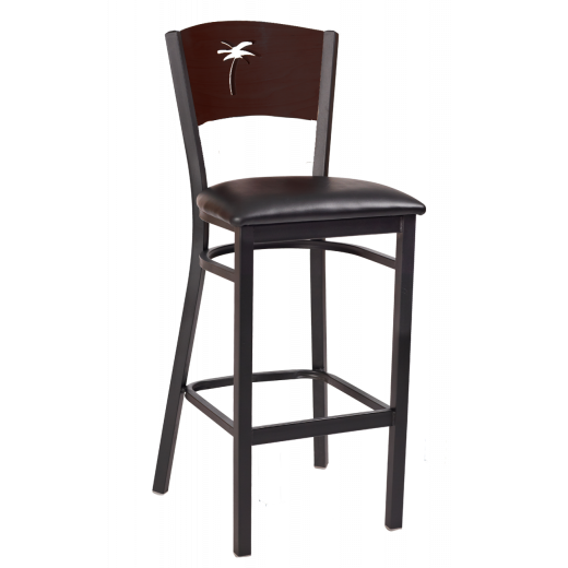 Palm Tree Cutout Vinyl Seat Metal Barstool w/ Walnut Back