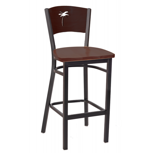 Palm Tree Cutout Wooden  Seat Metal Barstool w/ Walnut Seat & Back