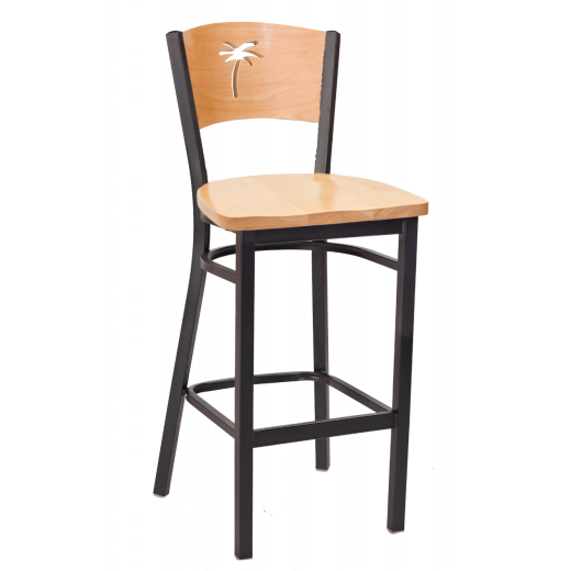 Palm Tree Cutout Wooden Seat Metal Barstool w/ Natural  Seat & Back