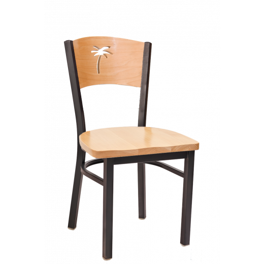 Palm Tree Cutout Wooden Seat Metal Chair w/ Natural Seat & Back