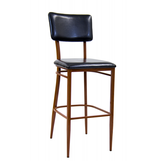 Metal Indoor Barstool in Mahogany Finish Frame, Black Vinyl Seat & Back