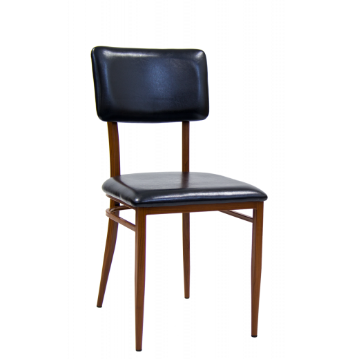 Metal Indoor Chair in Mahogany Finish Frame, Black Vinyl Seat & Back