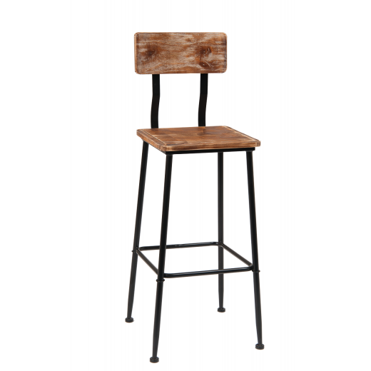 Pinewood Seat and Back Metal Barstool