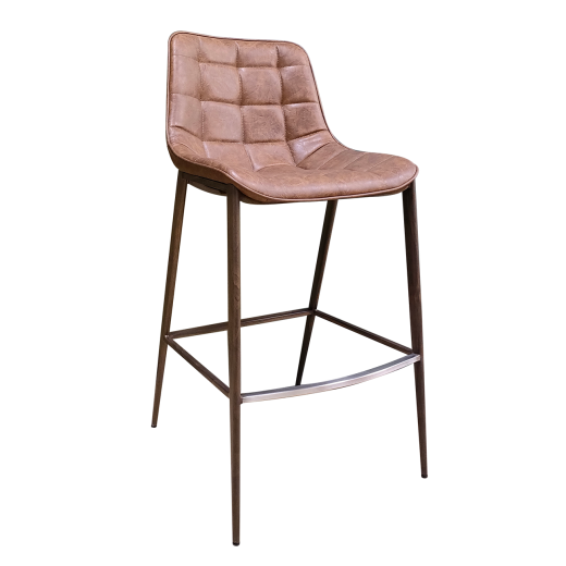 Metal Indoor Bar Stool in Wood Grain Finish w/ Square Stitched Pattern Brown Vinyl Seat & Back
