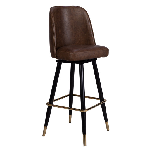 Brown Upholstered Swivel Barstool with Black Tapered Frame and Gold Footrest For Indoor Use