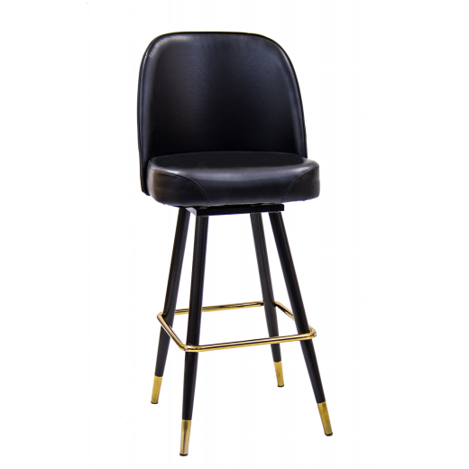Swivel Barstool w/ Extra Large Black Vinyl Bucket Seat, Square Base w/Gold Footrest
