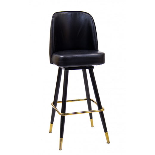 Swivel Metal Barstool w/ Black Vinyl Bucket Seat, Square Base w/Gold Footrest