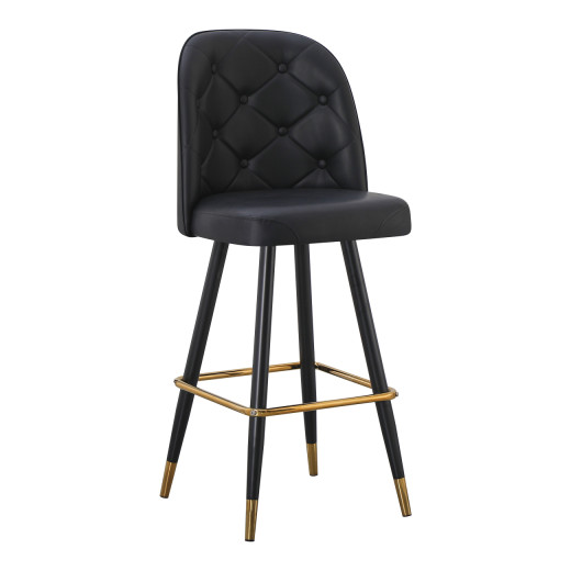 Swivel Barstool with Black Tapered Frame, Gold Footrest, and Black Tufted Upholstered Bucket Seat, for Indoor Use
