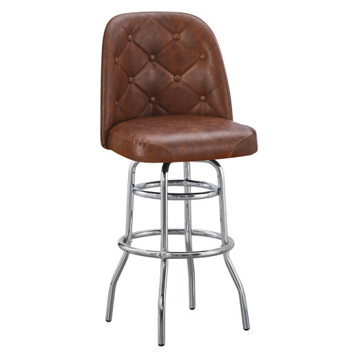 Brown Tufted Upholstered Swivel Barstool with Chrome Frame and High-Back Bucket Seat for Indoor Use