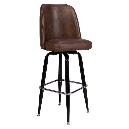 Swivel Barstool with Black Square Frame, Chrome Footrest, and Brown Vinyl Bucket Seat For Indoor Use
