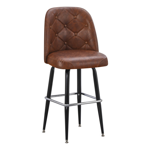 Swivel Barstool with Black Square Frame, Chrome Footrest, and Brown Tufted Upholstered Bucket Seat, for Indoor Use