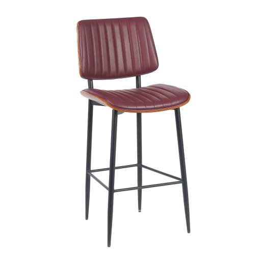 Contemporary Indoor Metal Barstool with Burgundy Vinyl Seat and Back