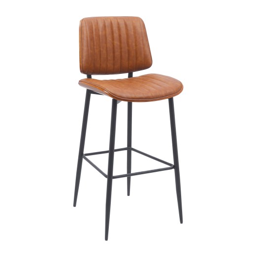Contemporary Indoor Metal Barstool with Brown Vinyl Seat and Back