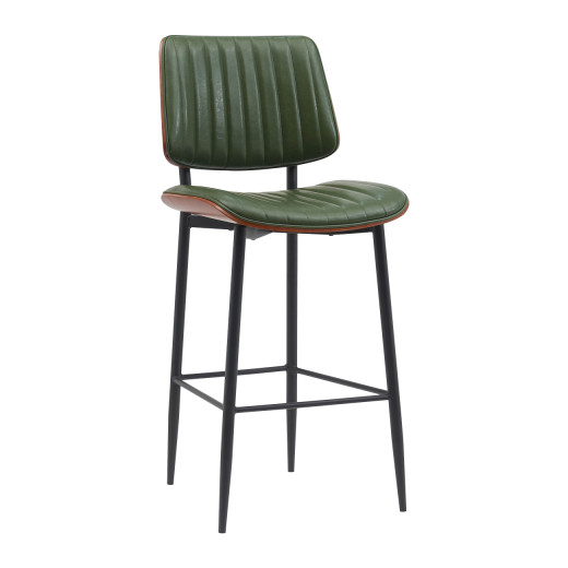 Contemporary Indoor Metal Barstool with Green Vinyl Seat and Back