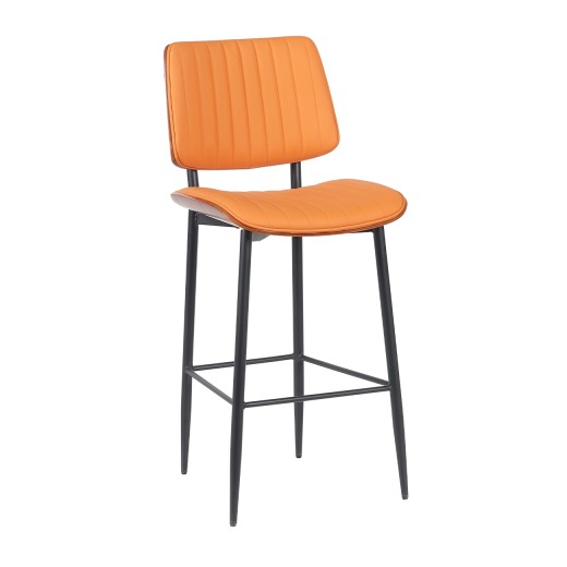 Contemporary Indoor Metal Barstool with Orange Vinyl Seat and Back