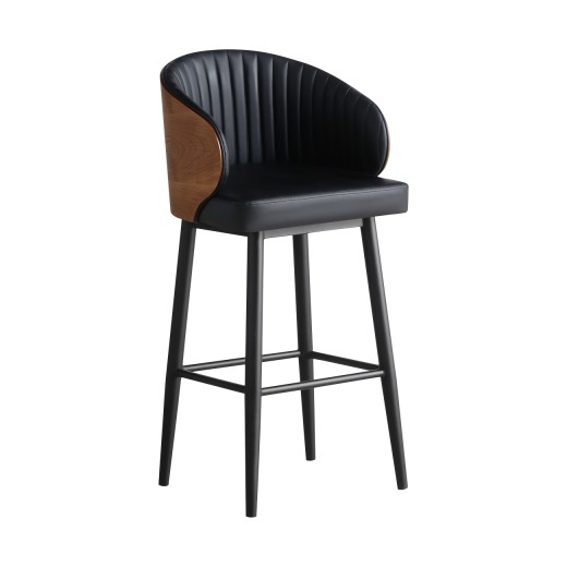 Indoor Black Metal Barstool with Stitched Vinyl Seat and Channel Tufted Back,Veneer  Wood Accents
