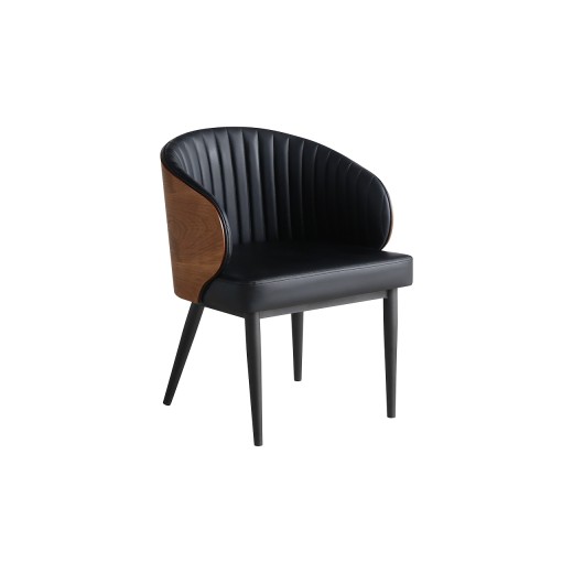 Indoor Black Metal Chair with Stitched Vinyl Seat and Channel Tufted Back, Wood Veneer  Accents
