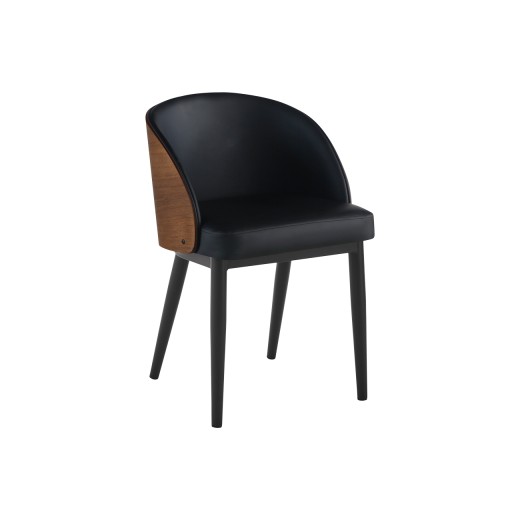 Indoor Metal Chair with Curved Veneer Wood Backrest and Black Vinyl Seat