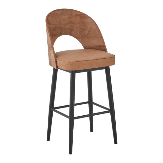 Modern Indoor Barstool with Walnut Veneer Wood Back,Tan Faux Leather Seat, and Black Metal Legs