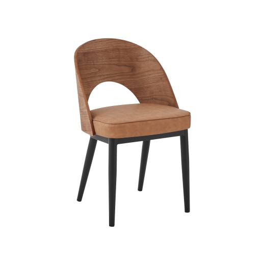 Modern Indoor Chair with Walnut Veneer Wood Back, Tan Faux Leather Seat, and Black Metal Legs